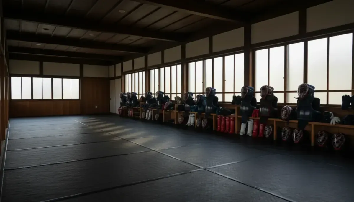 Intérieur d'un dojo avec tatamis et protections alignées le long du mur