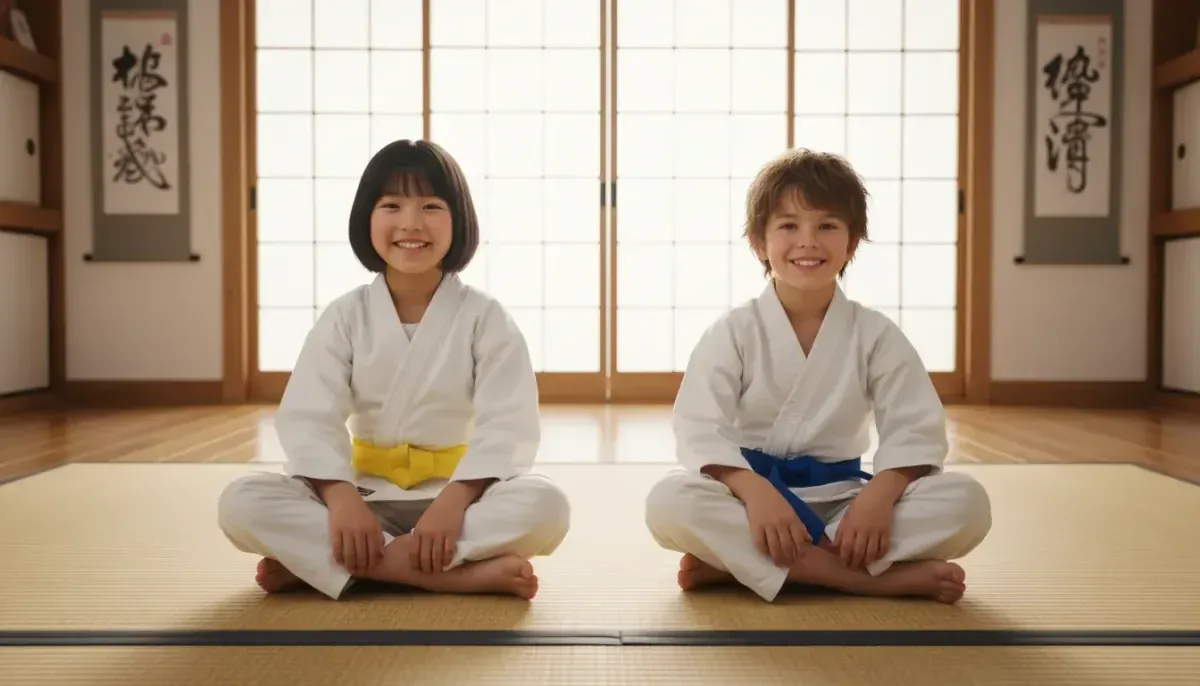 Deux enfants en kimono assis sur un tatami, une ceinture jaune et une ceinture bleue