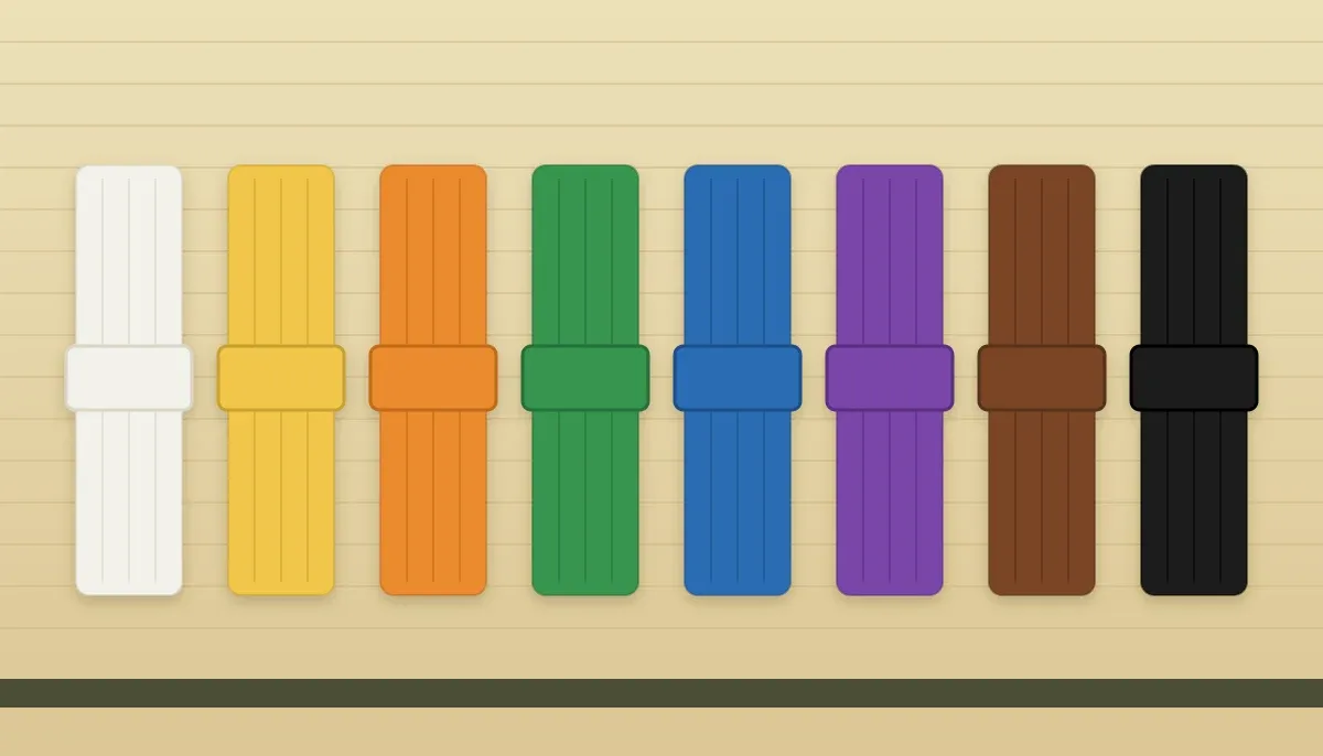 Les ceintures de kempo karaté dans l’ordre : blanche, jaune, orange, verte, bleue, violette, marron et noire