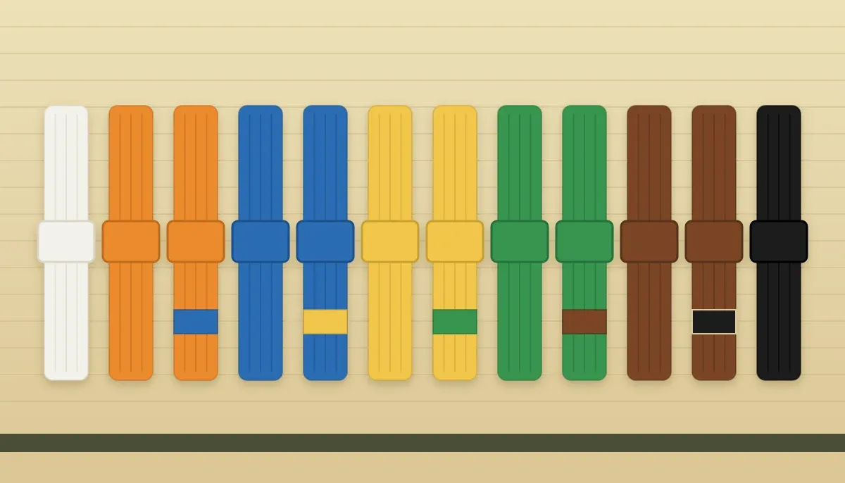 Les ceintures de kyokushin dans l’ordre : blanche, orange, bleue, jaune, verte, marron et noire, avec les barrettes des grades intermédiaires